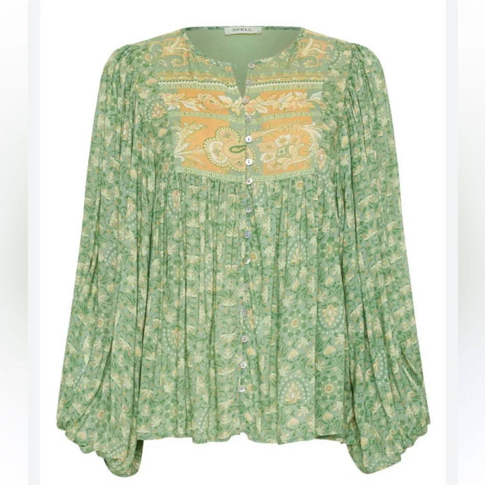 Spell & The Gypsy Collective Emerald Madame Peacock Floral Boho Blouse - Picture 2 of 8